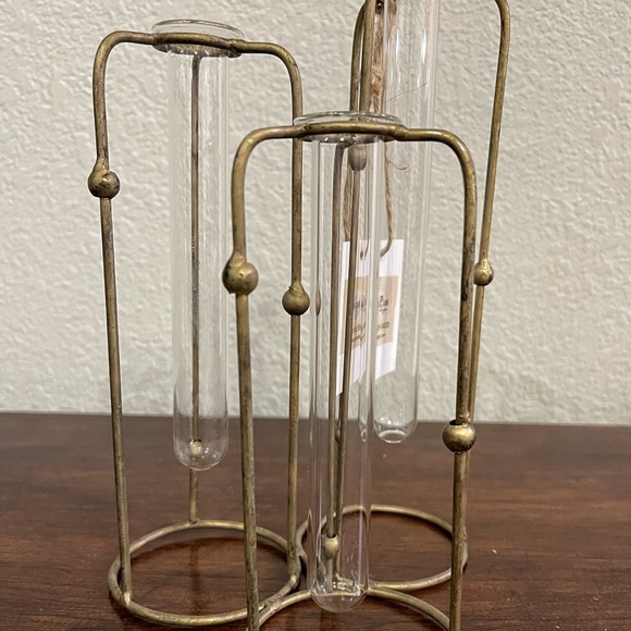 Gold Metal Hinged 3 Glass Test Tubes Vase Set. - Picture 7 of 13
